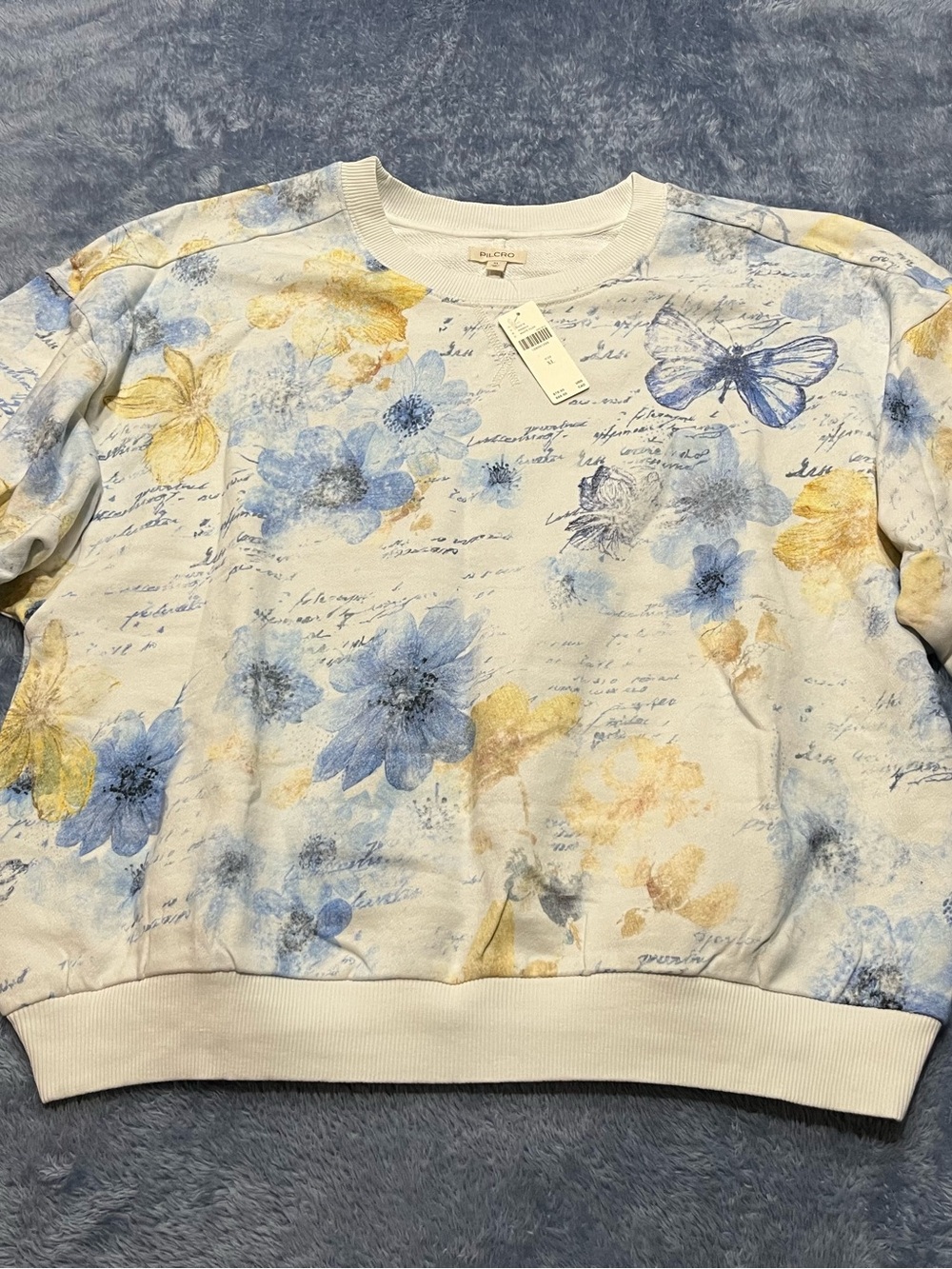 Pilcro Niki Bubble White Floral Sweatshirt with Blue and Yellow Accents - Picture 2 of 5